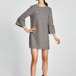 ZARA Gingham Houndstooth Plaid Bell Sleeve Dress Size Medium M